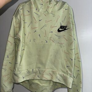 2/$15 Nike Green Hoodie with Multicolor Swoosh Pattern, minor stains